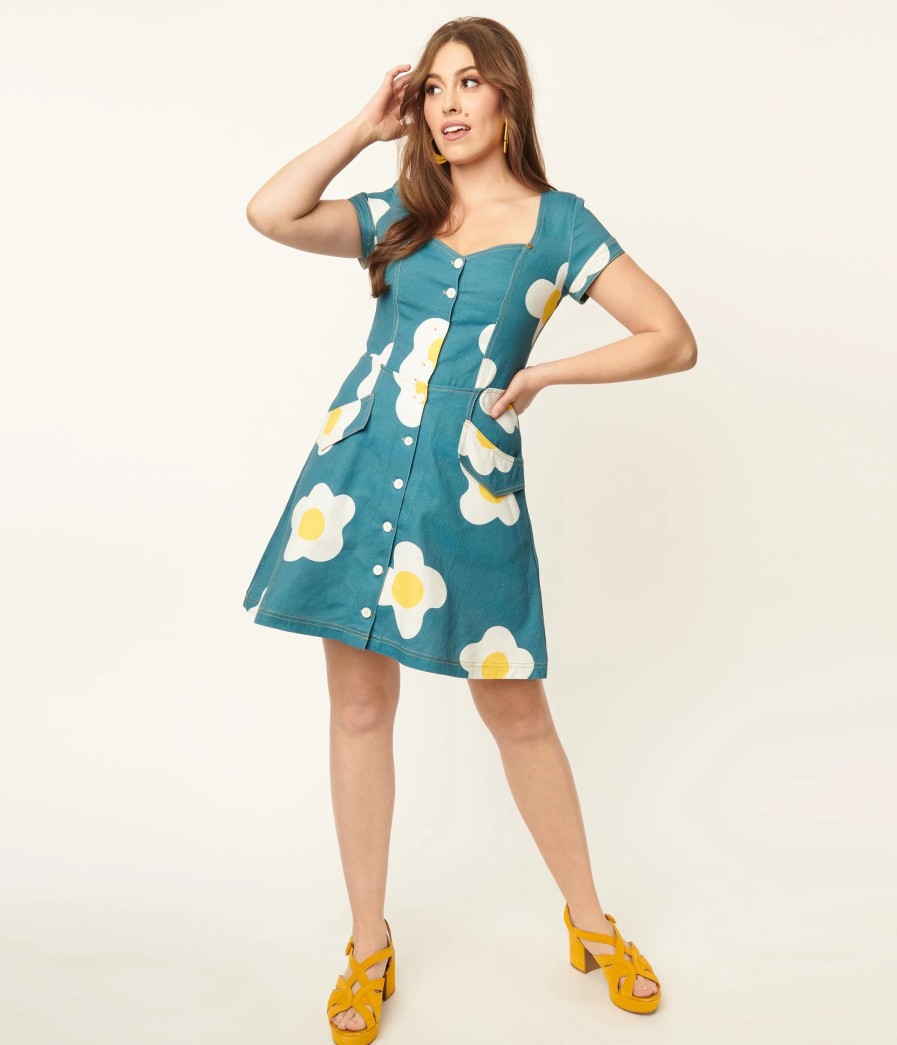 * Unique Vintage Blue Denim & Egg Flower Print Fit & Flare Dress Everyday