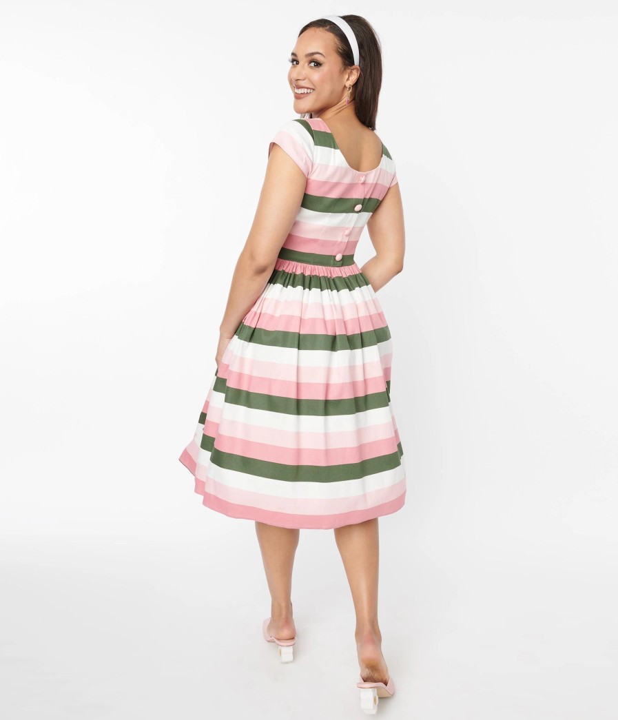 * Collectif Pink & Green Stripe Swing Dress Swing