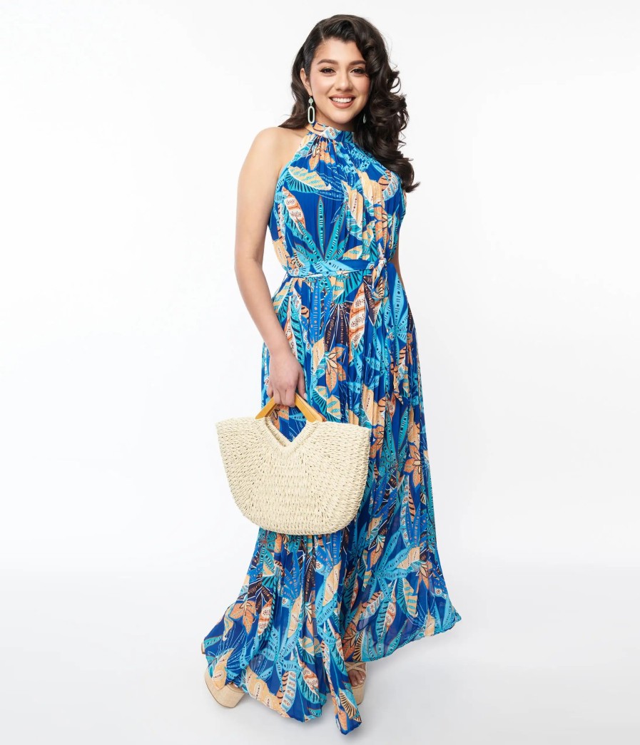 * Flying Tomato Blue Tropical Pleated Maxi Dress Midi & Maxi