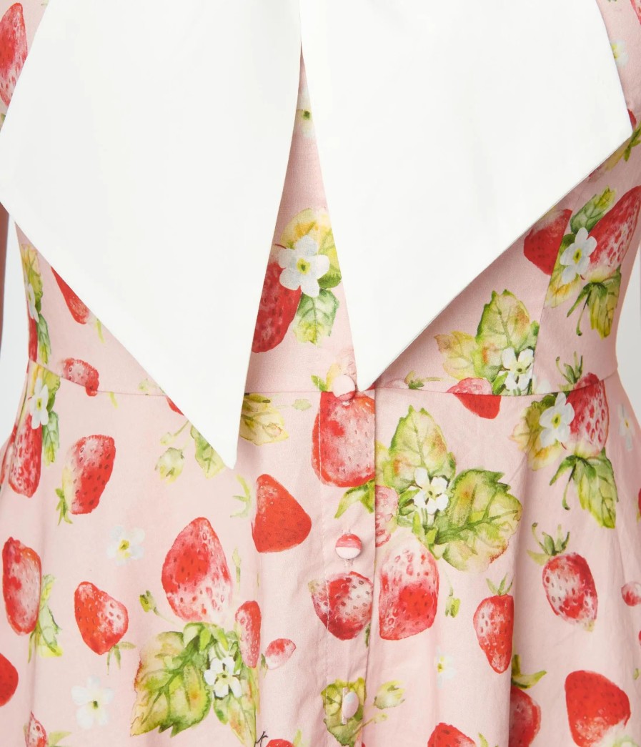 * Unique Vintage Pink Strawberries Print Swing Dress Swing