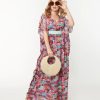 * Unique Vintage Pink & Blue Elephant Oasis Burton Caftan Dress Midi & Maxi