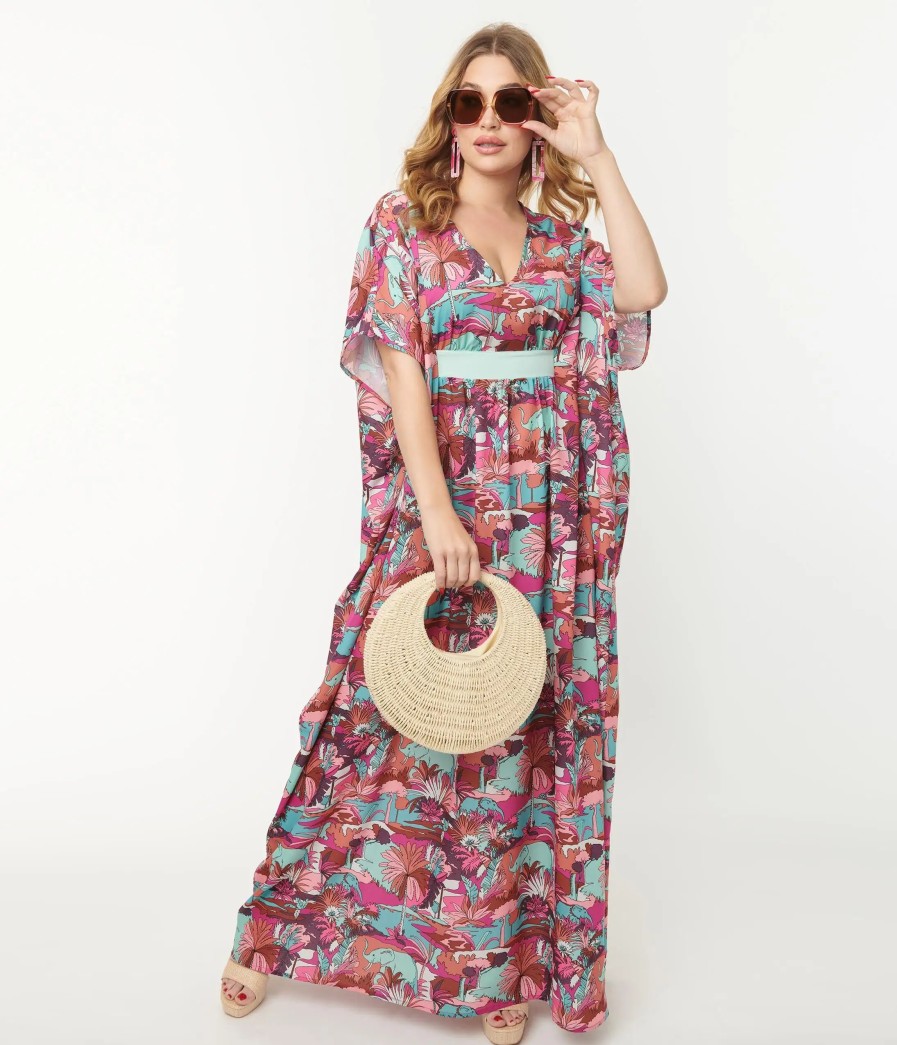 * Unique Vintage Pink & Blue Elephant Oasis Burton Caftan Dress Midi & Maxi