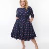 * Unique Vintage Plus Size 1950S Navy & Strawberry Print Devon Swing Dress Swing