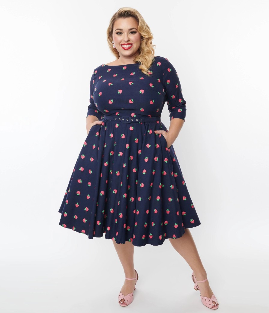 * Unique Vintage Plus Size 1950S Navy & Strawberry Print Devon Swing Dress Swing