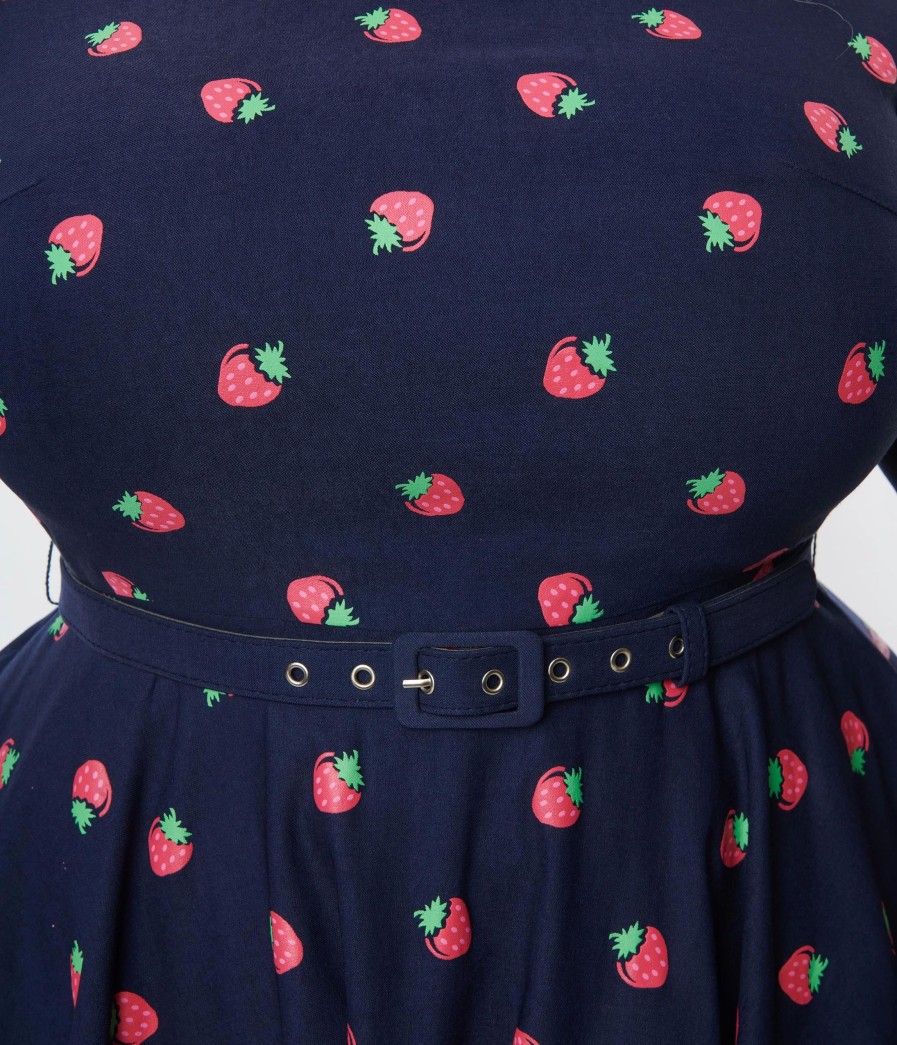 * Unique Vintage Plus Size 1950S Navy & Strawberry Print Devon Swing Dress Swing