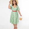 * Unique Vintage Curve 1950S Green Ladybug Gingham Swing Dress Swing