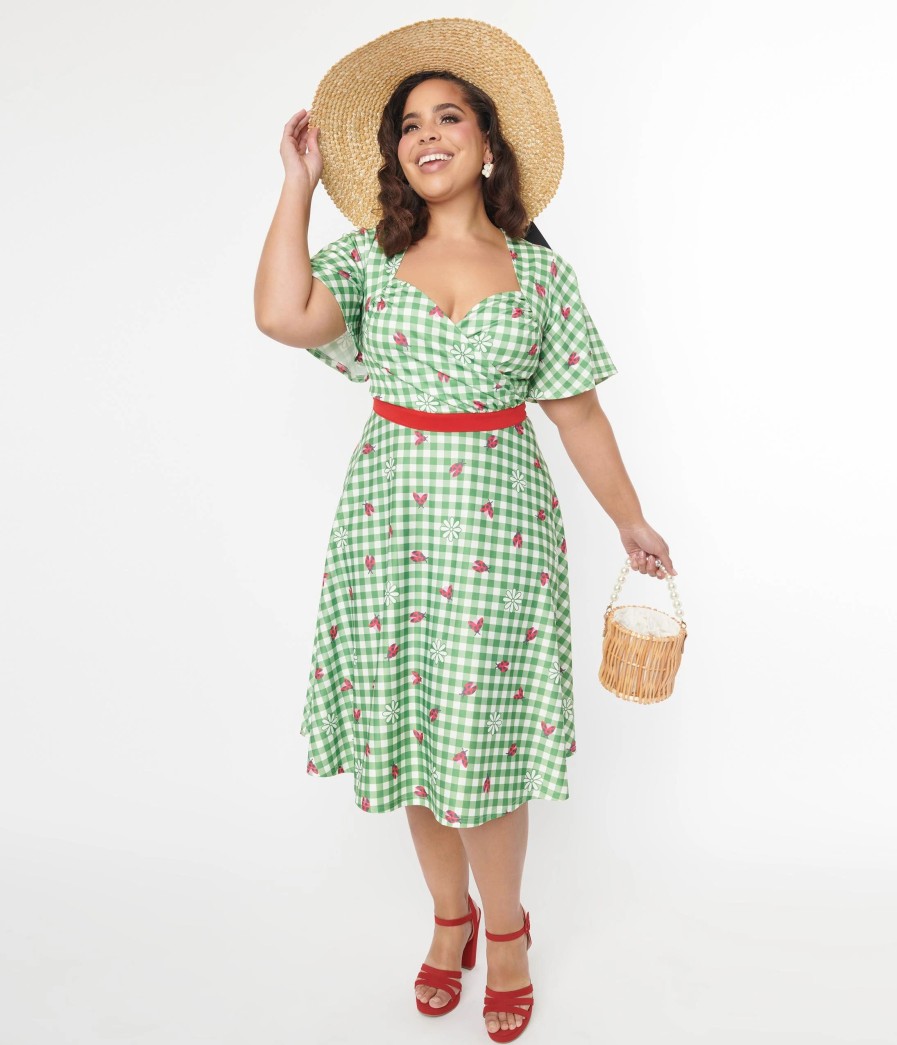 * Unique Vintage Curve 1950S Green Ladybug Gingham Swing Dress Swing