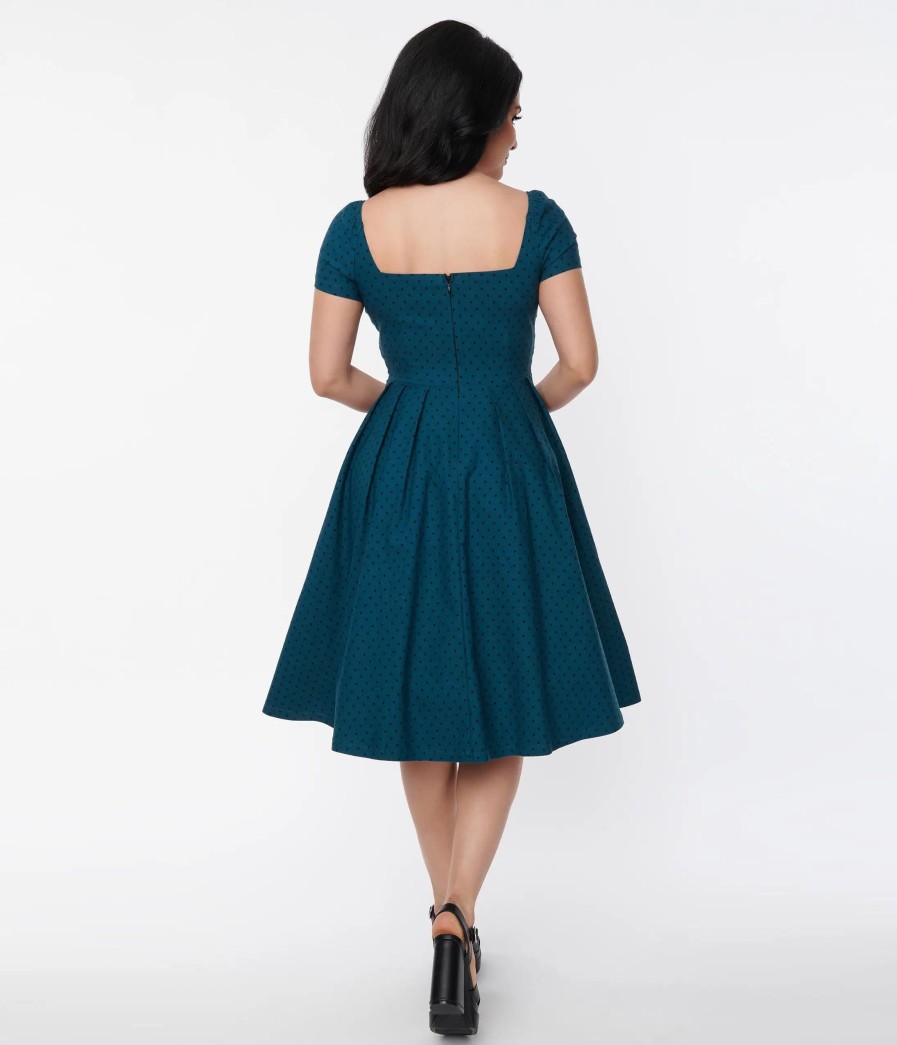 * Unique Vintage Teal & Black Dot Midge Swing Dress Swing