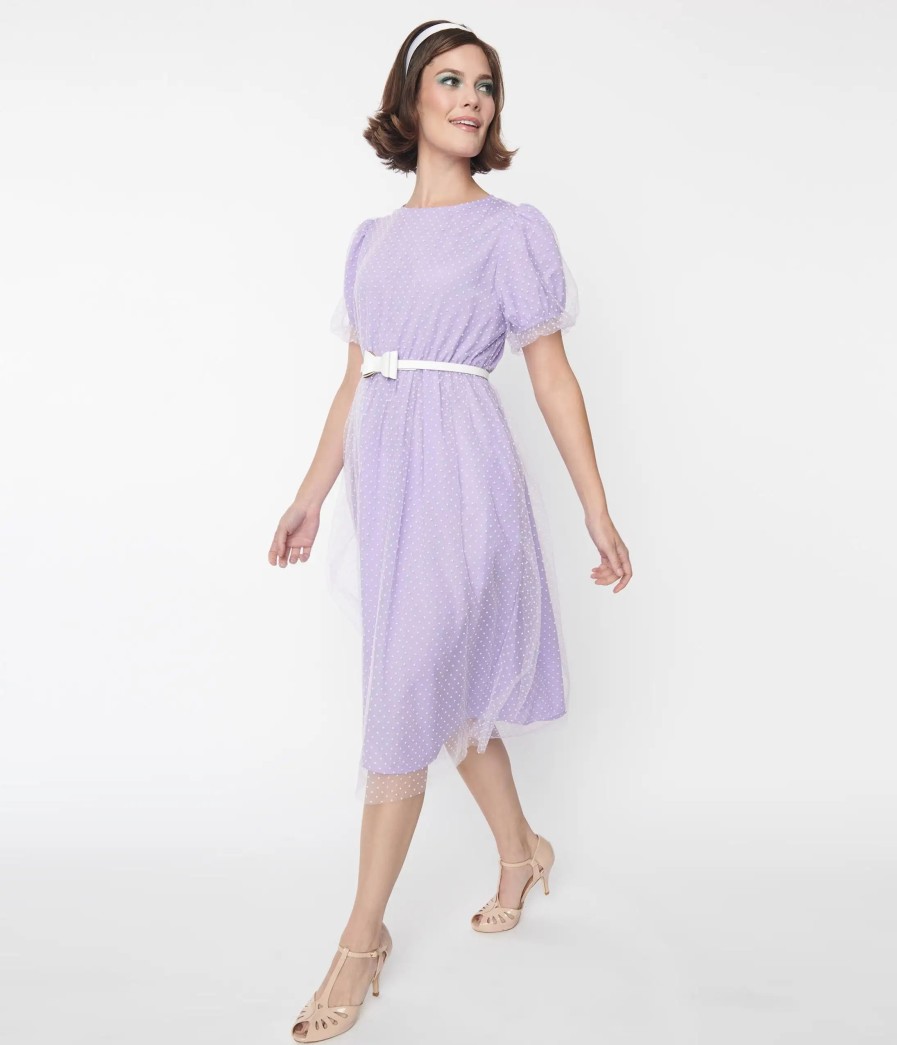 * Davi + Dani Lavender & White Pin Dot Mesh Overlay Midi Dress Midi & Maxi