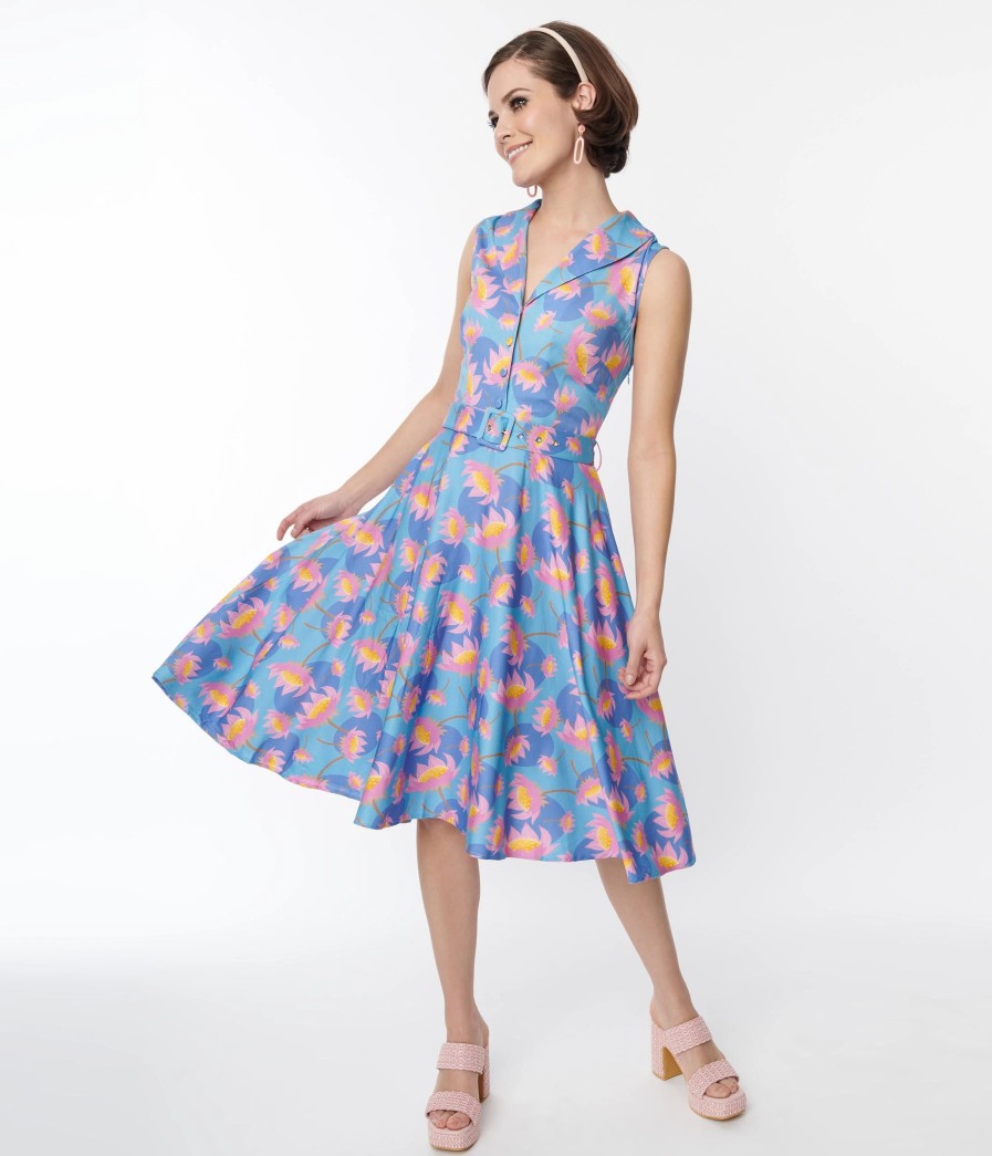 * Miss Lulo, Inc. Blue Blooming Lotus Jani Swing Dress Swing