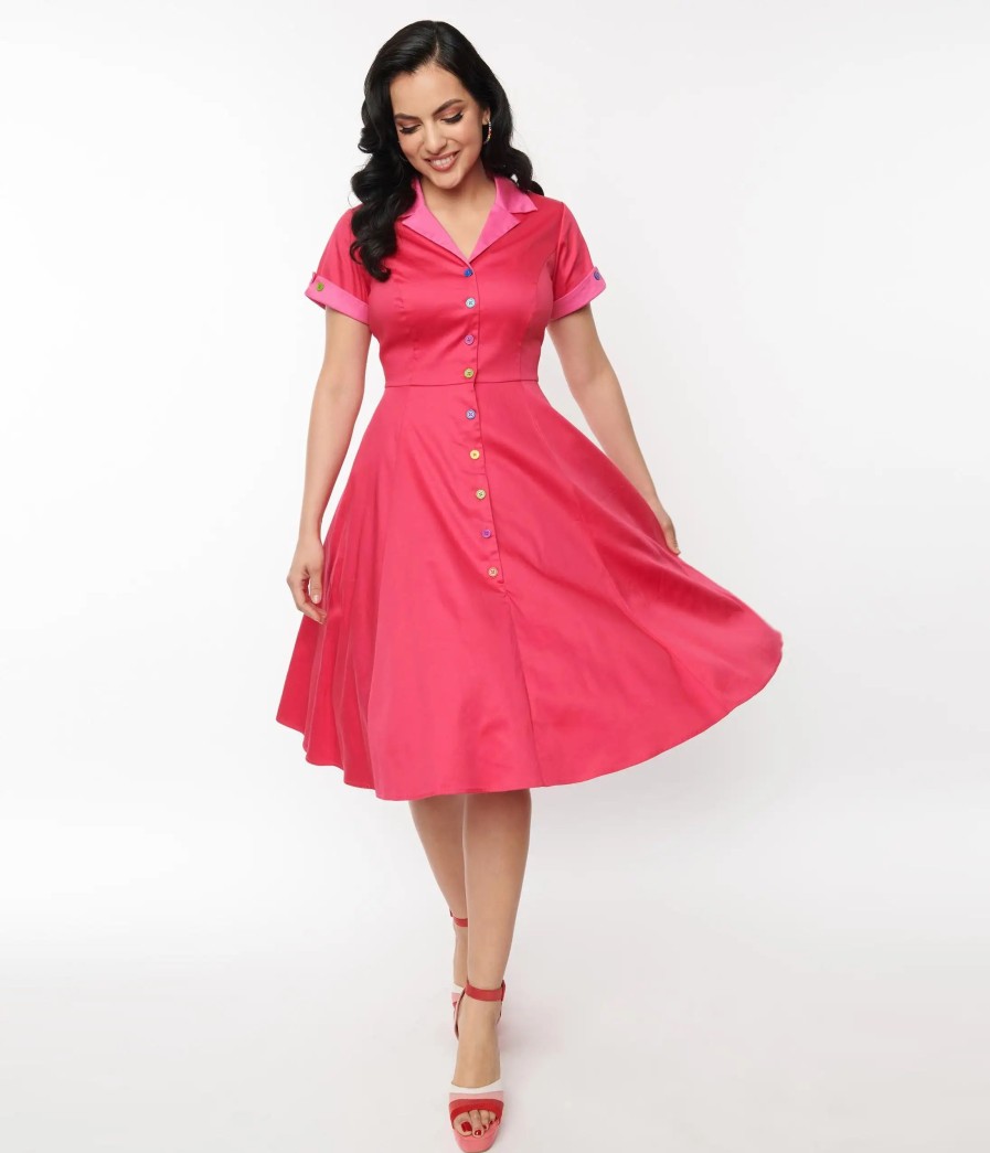 * Unique Vintage Hot Pink Contrast Venus Swing Dress Everyday