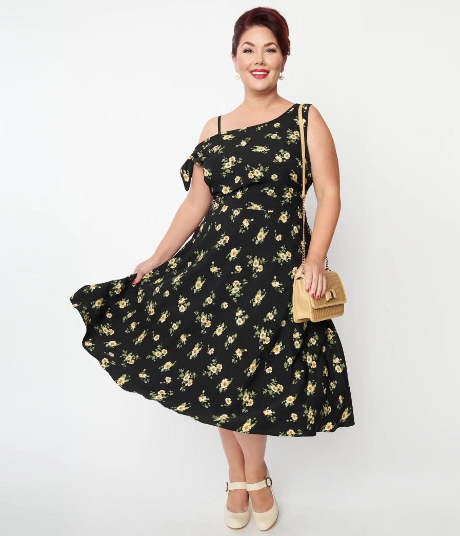 * Unique Vintage Plus Size Black & Yellow Floral Bow Tie Swing Dress Swing