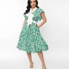 * Unique Vintage Green Dog Print Swing Dress Swing