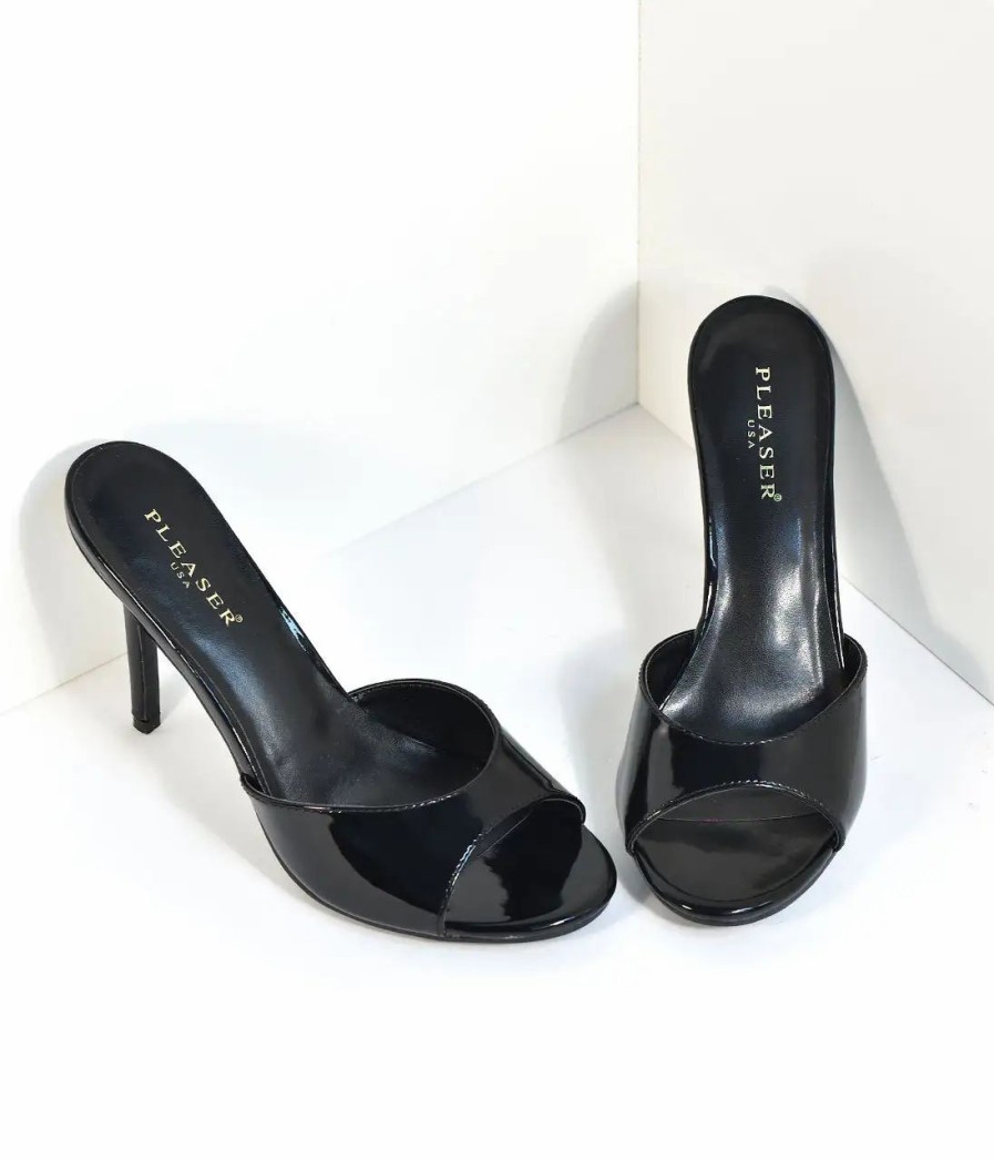 * Pleaser Black Patent Leatherette Peep Toe Slip On Heels Swim Accessories