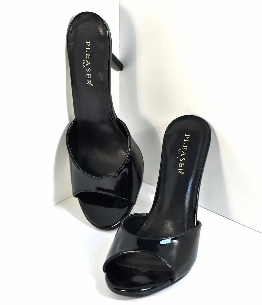 * Pleaser Black Patent Leatherette Peep Toe Slip On Heels Swim Accessories