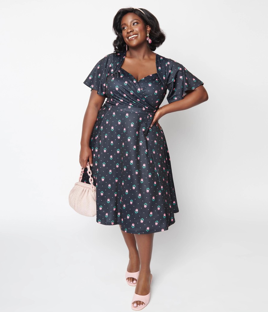 * Unique Vintage Curve 1950S Black Tulip Pin Dot Swing Dress Swing