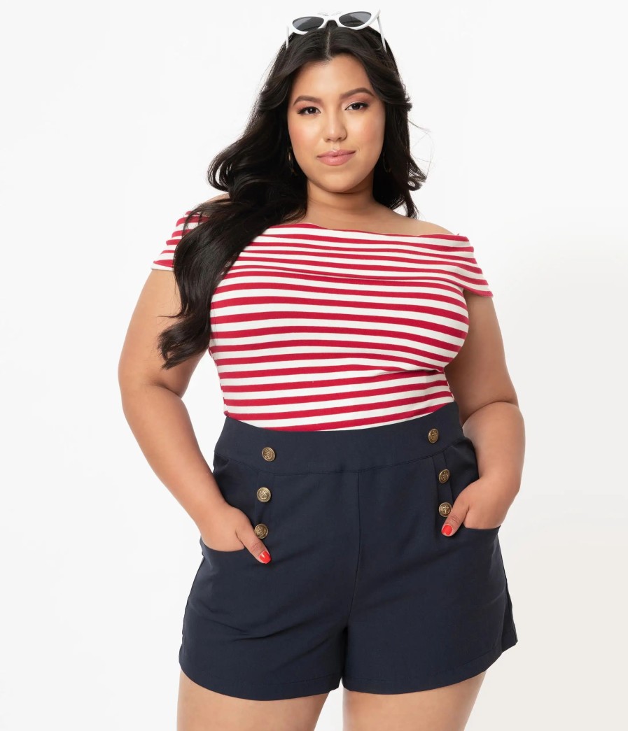 * Unique Vintage Plus Size 1940S Style Navy Blue Sailor Debbie Shorts High Waisted Bottoms