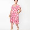 * Unique Vintage Plus Size Fuchsia Floral Flutter Sleeve Swing Dress Swing