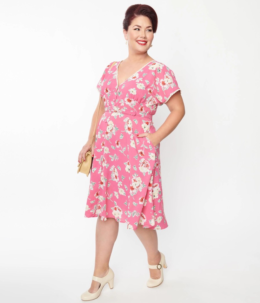 * Unique Vintage Plus Size Fuchsia Floral Flutter Sleeve Swing Dress Swing