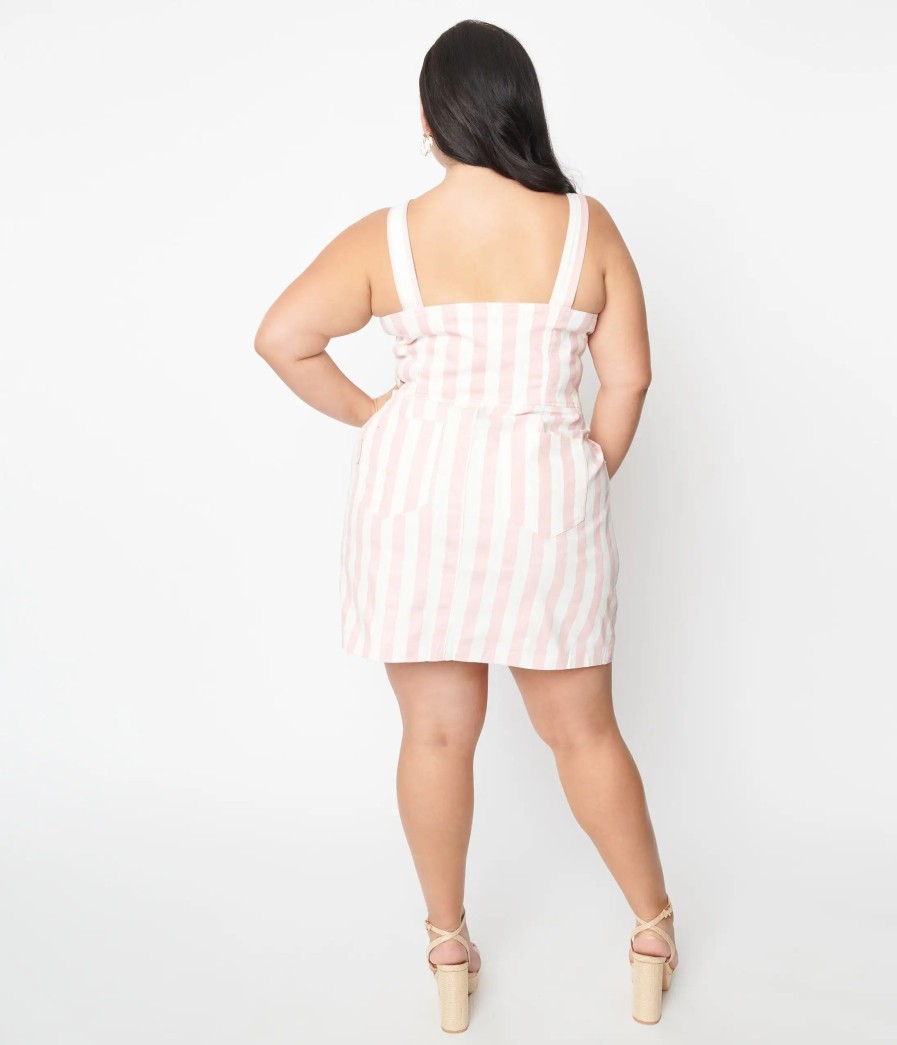 * Unique Vintage Plus Size Pink & White Stripe Fitted Pinafore Everyday