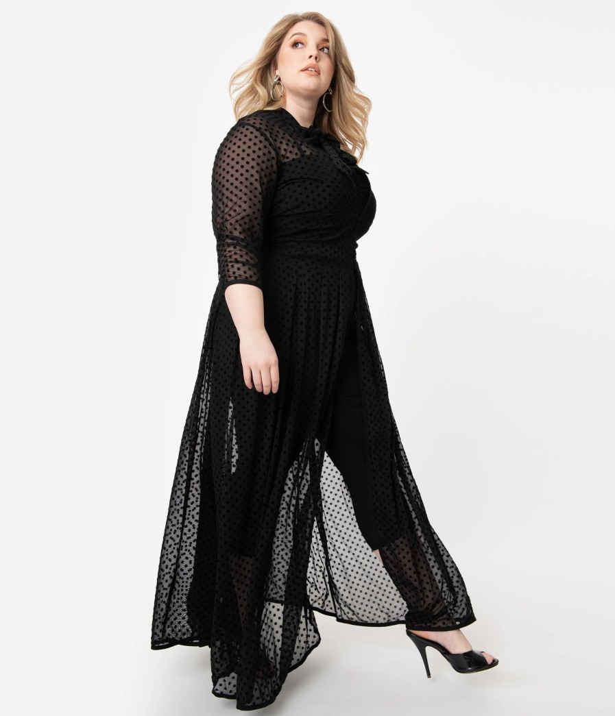 * Unique Vintage Plus Size Black Swiss Dot Starlet Duster Midi & Maxi