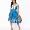 * Unique Vintage Blue & White Farm Border Golightly Swing Dress Everyday