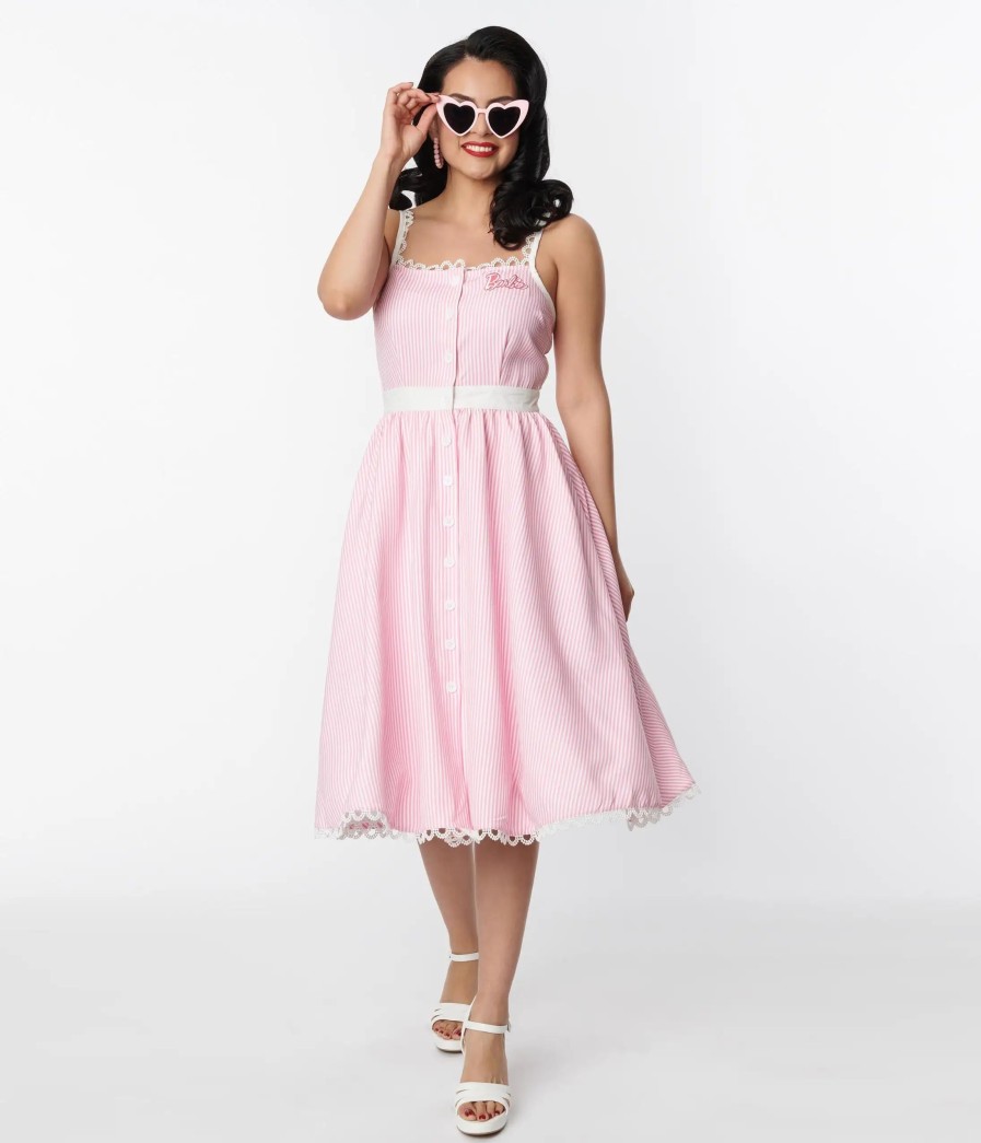 * Barbie X Unique Vintage Barbie Pink & White Piper Swing Dress Everyday