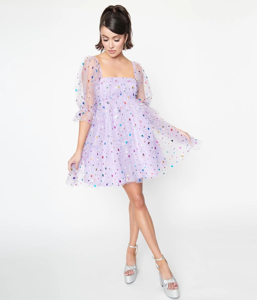 * Smak Parlour Purple Confetti Hearts Love Interest Babydoll Dress Fit & Flare