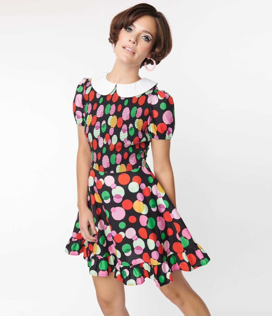 * Smak Parlour Black & Rainbow Dot Smocked Fit & Flare Dress Fit & Flare