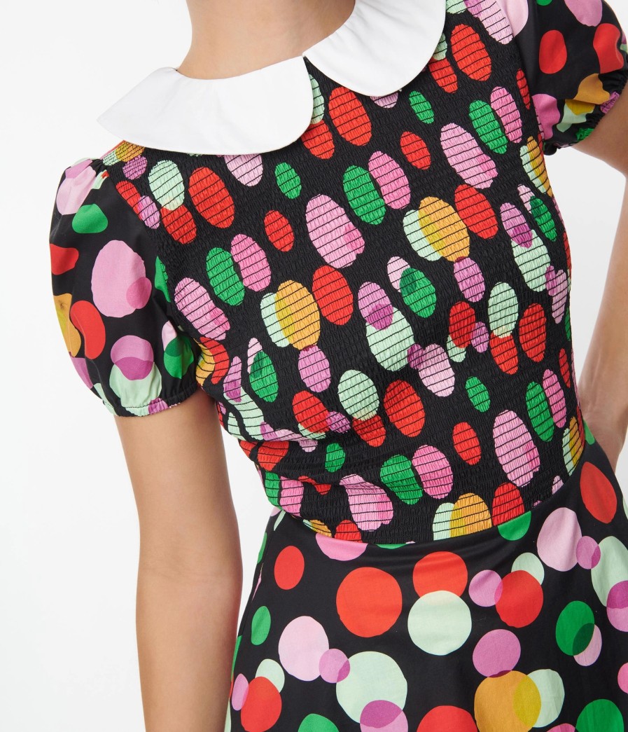 * Smak Parlour Black & Rainbow Dot Smocked Fit & Flare Dress Fit & Flare