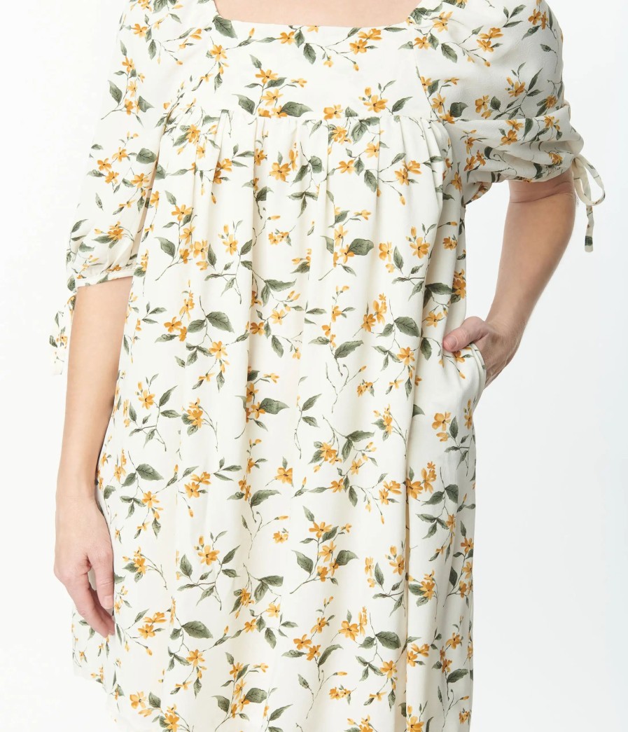 * Hayden Cream Floral Square Neck Dress Everyday