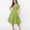 * Unique Vintage Green & White Dot Short Sleeve Delores Swing Dress Swing