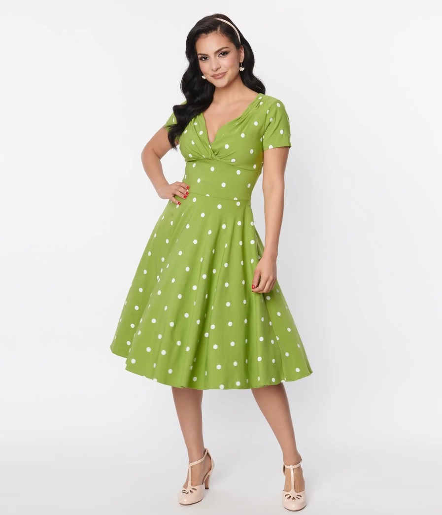 * Unique Vintage Green & White Dot Short Sleeve Delores Swing Dress Swing