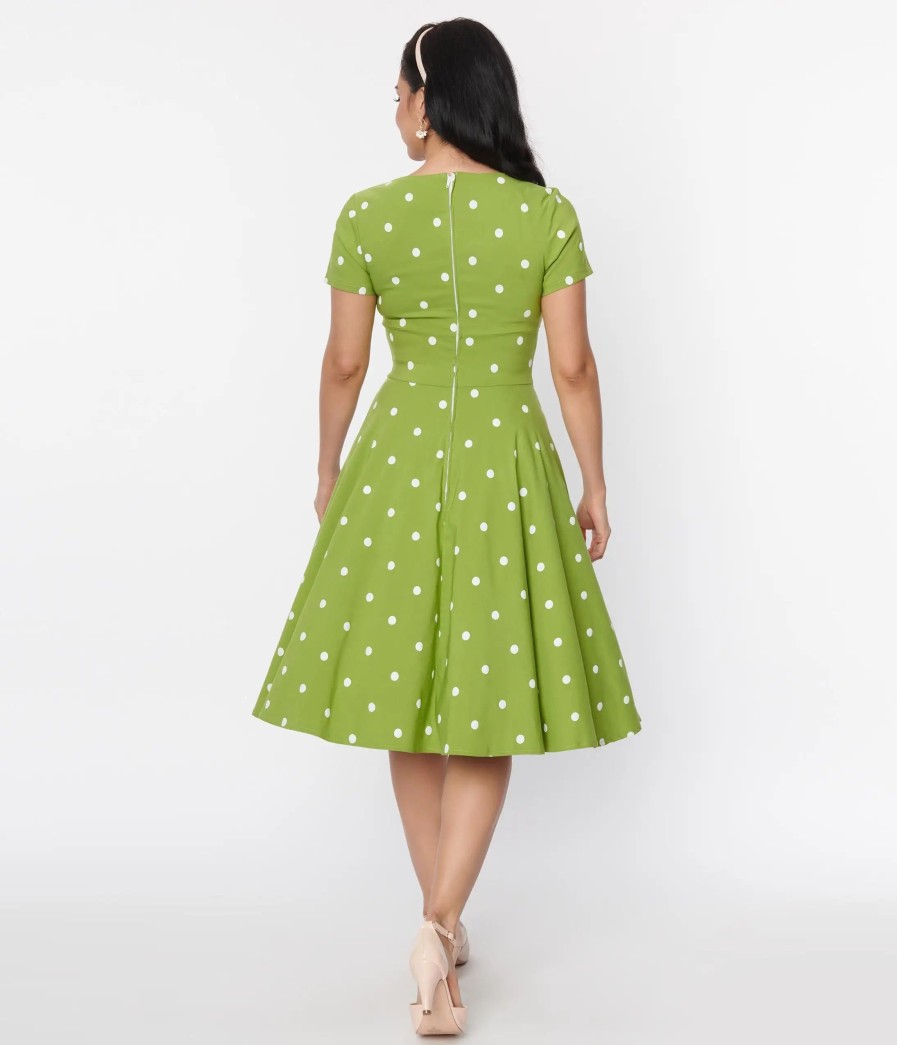 * Unique Vintage Green & White Dot Short Sleeve Delores Swing Dress Swing