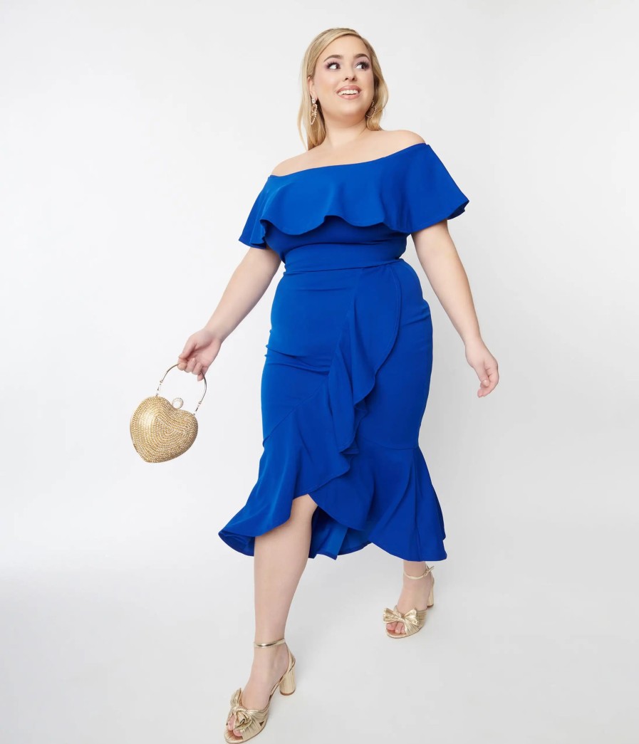 * Janette Fashion Plus Size Royal Blue Off The Shoulder Ruffle Midi Dress Midi & Maxi