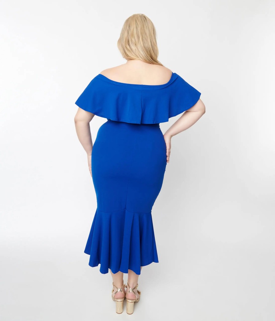 * Janette Fashion Plus Size Royal Blue Off The Shoulder Ruffle Midi Dress Midi & Maxi