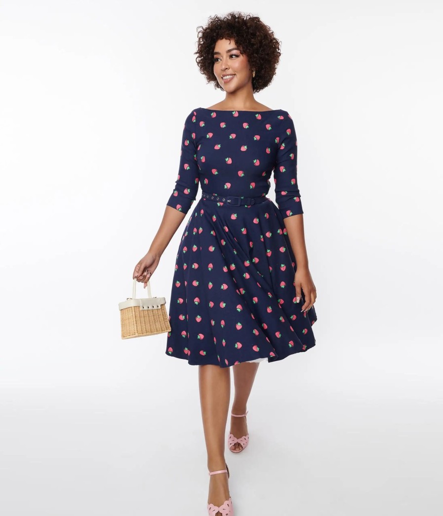 * Unique Vintage 1950S Navy & Strawberry Print Devon Swing Dress Swing