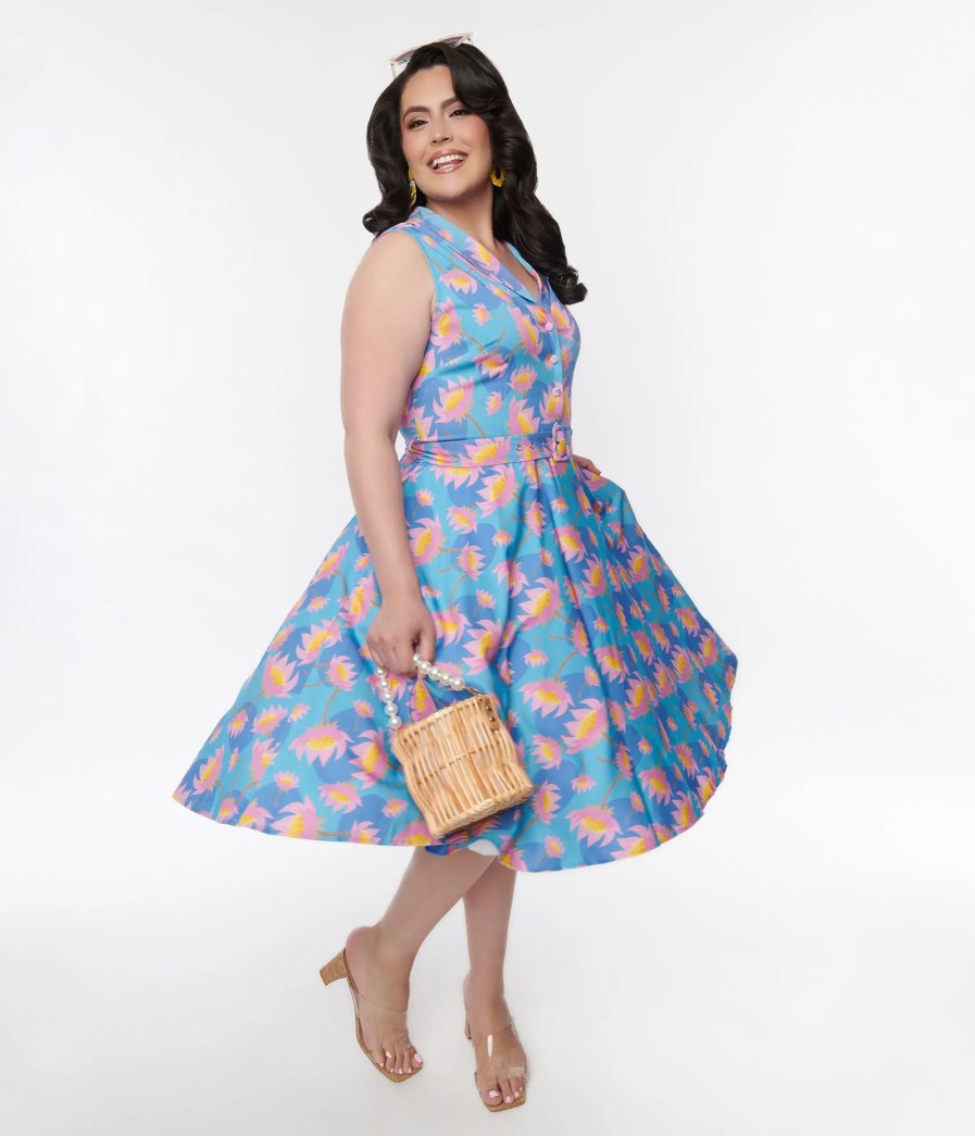 * Miss Lulo, Inc. Plus Size Blue Blooming Lotus Jani Swing Dress Swing