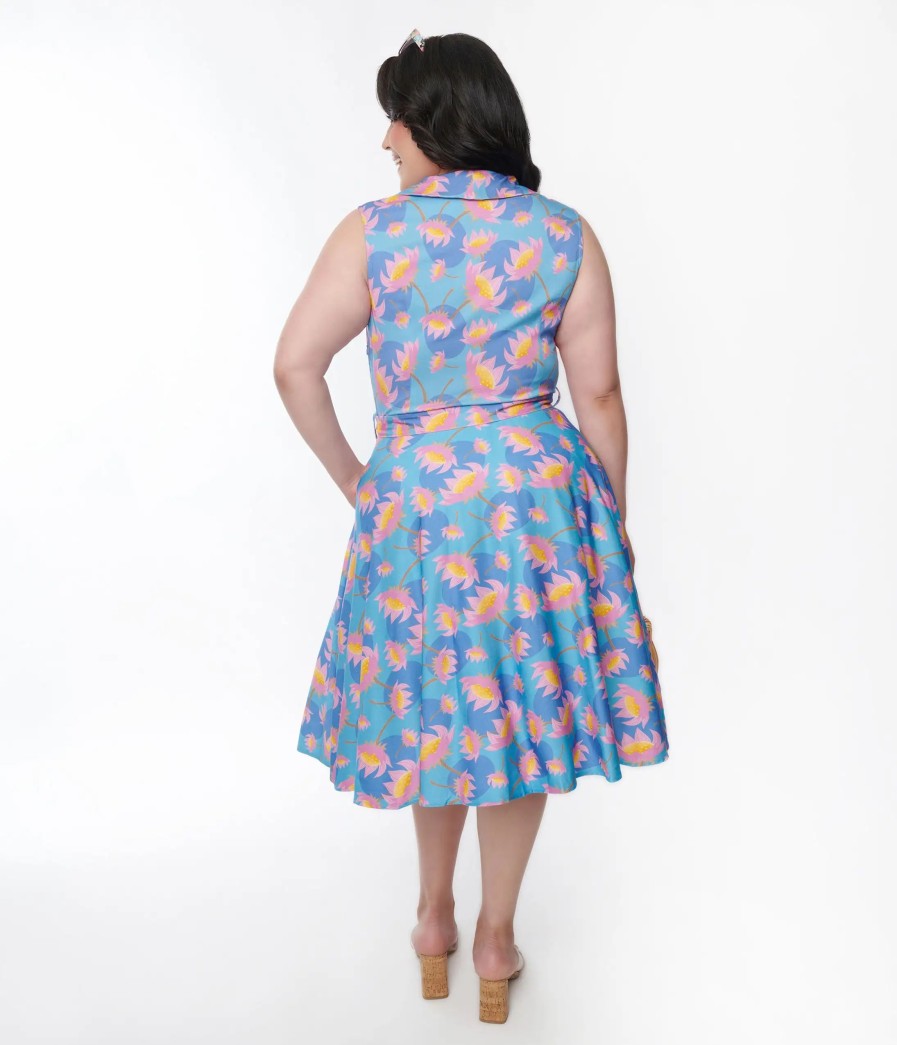 * Miss Lulo, Inc. Plus Size Blue Blooming Lotus Jani Swing Dress Swing