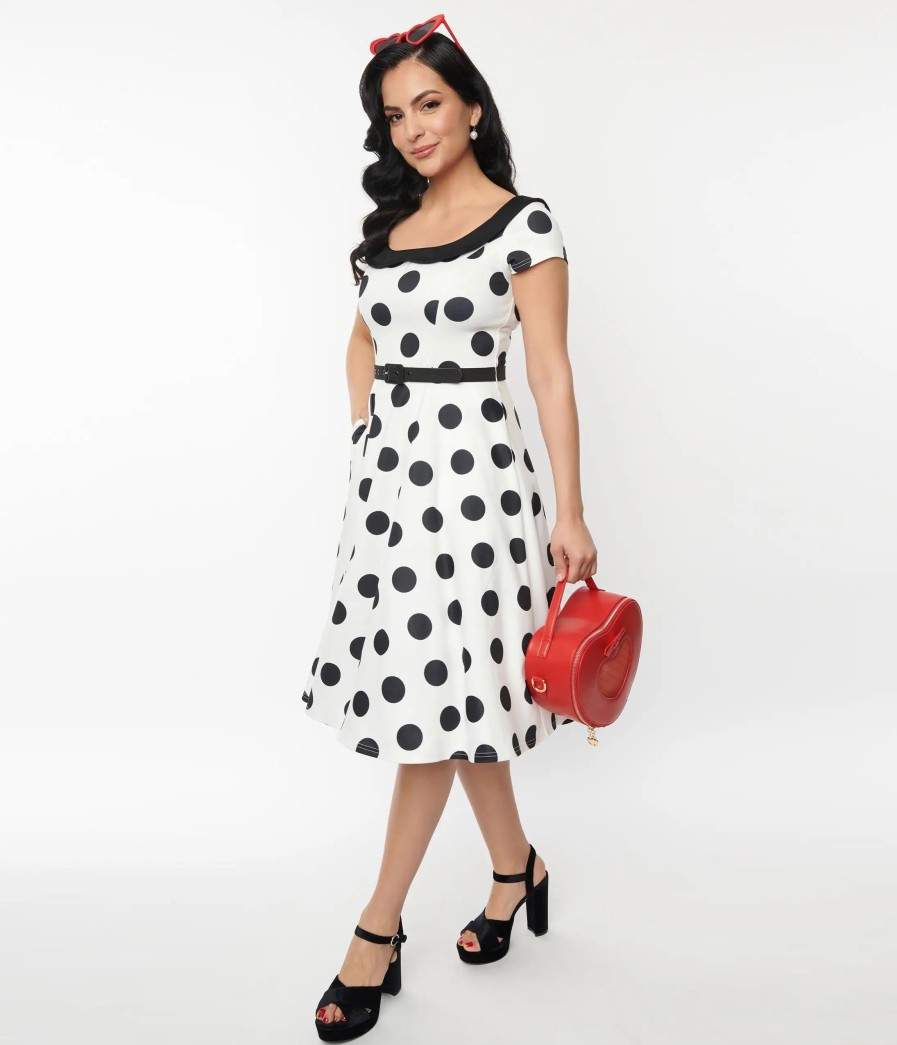 * Unique Vintage Ivory & Black Dot Contrast Collared Swing Dress Swing