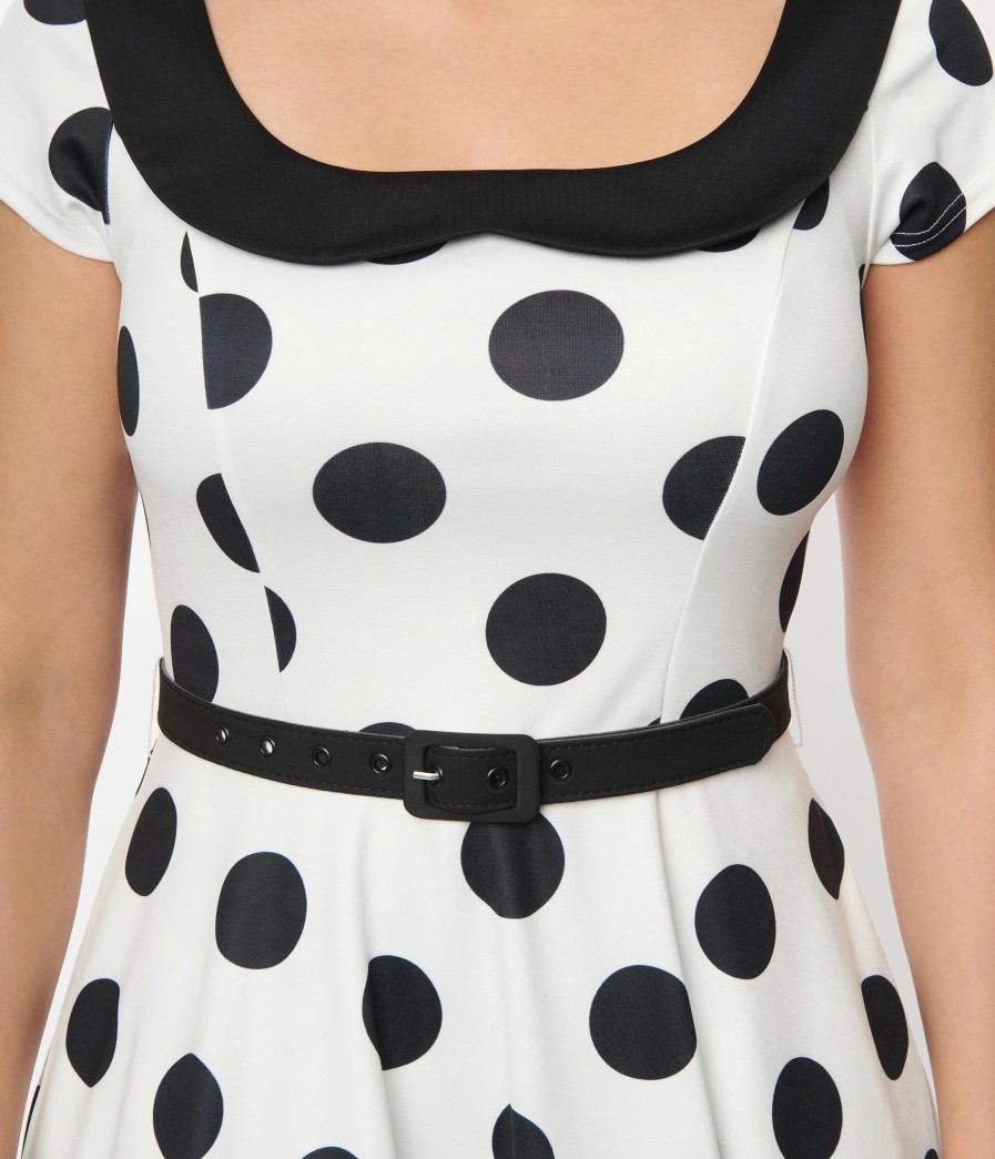 * Unique Vintage Ivory & Black Dot Contrast Collared Swing Dress Swing