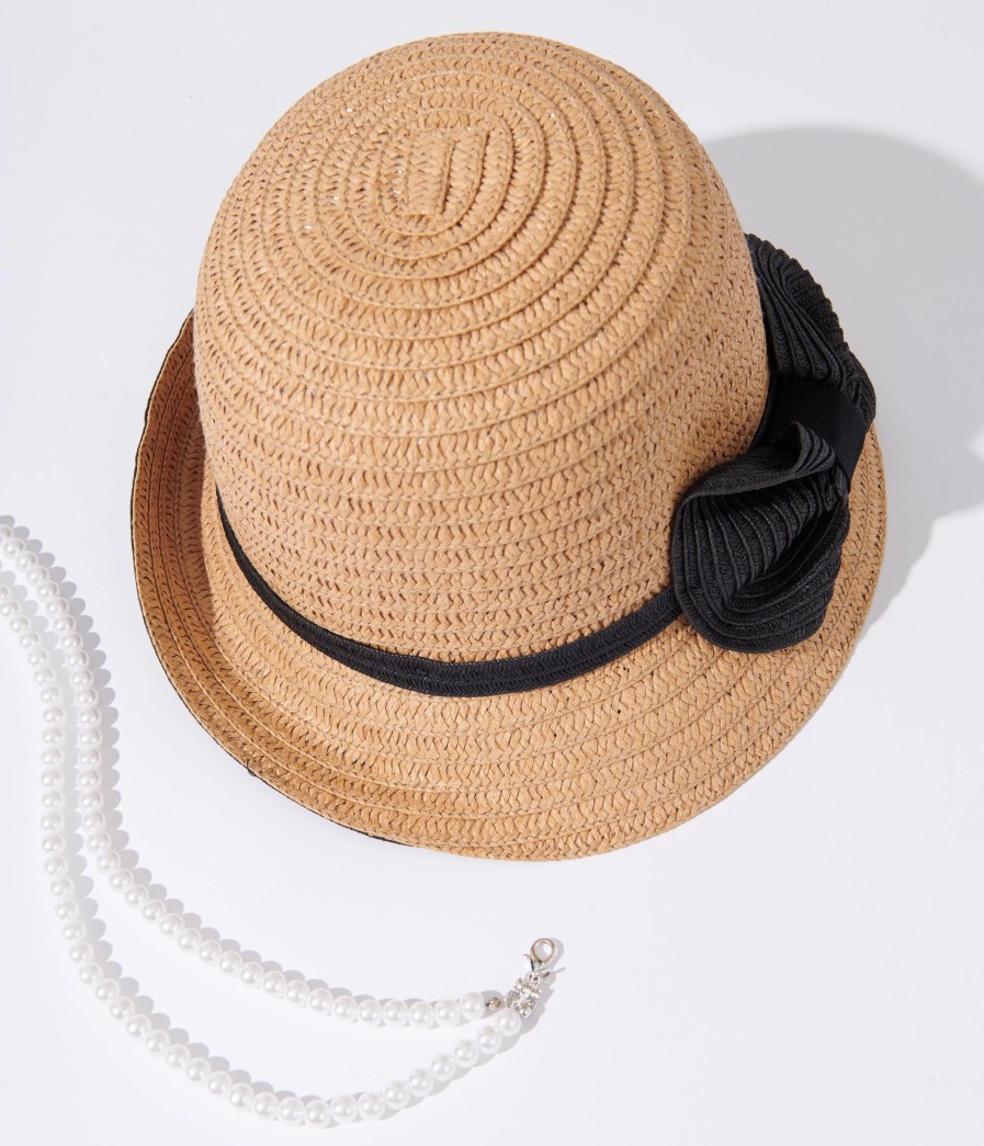 * Jeanne Simmons Accessories Tan & Black Ribbon Woven Cloche Hat Swim Accessories