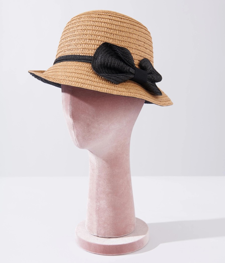 * Jeanne Simmons Accessories Tan & Black Ribbon Woven Cloche Hat Swim Accessories