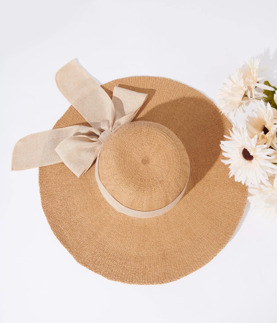 * Jeanne Simmons Accessories Tan & Beige Bow Toyo Braid Sun Hat Swim Accessories