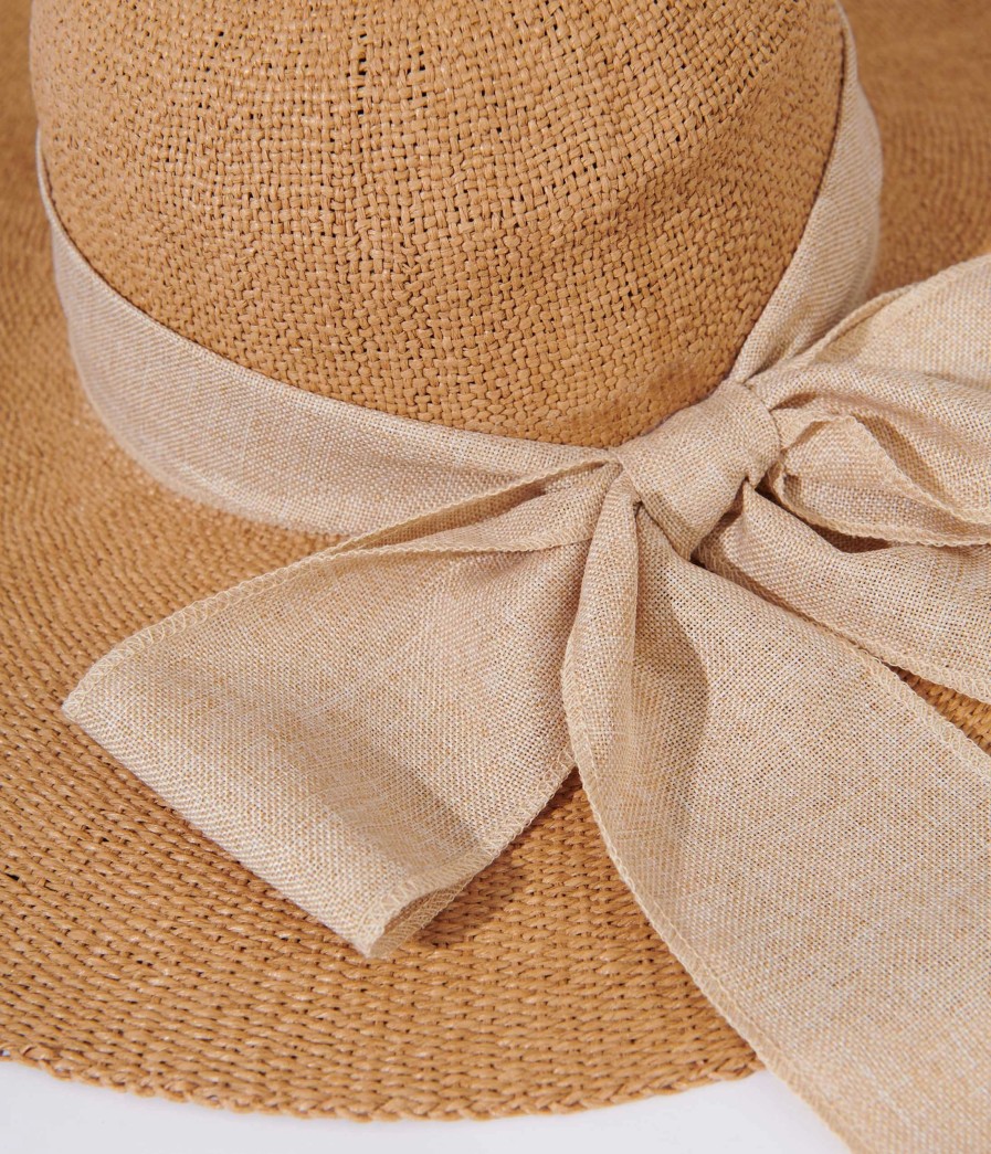 * Jeanne Simmons Accessories Tan & Beige Bow Toyo Braid Sun Hat Swim Accessories