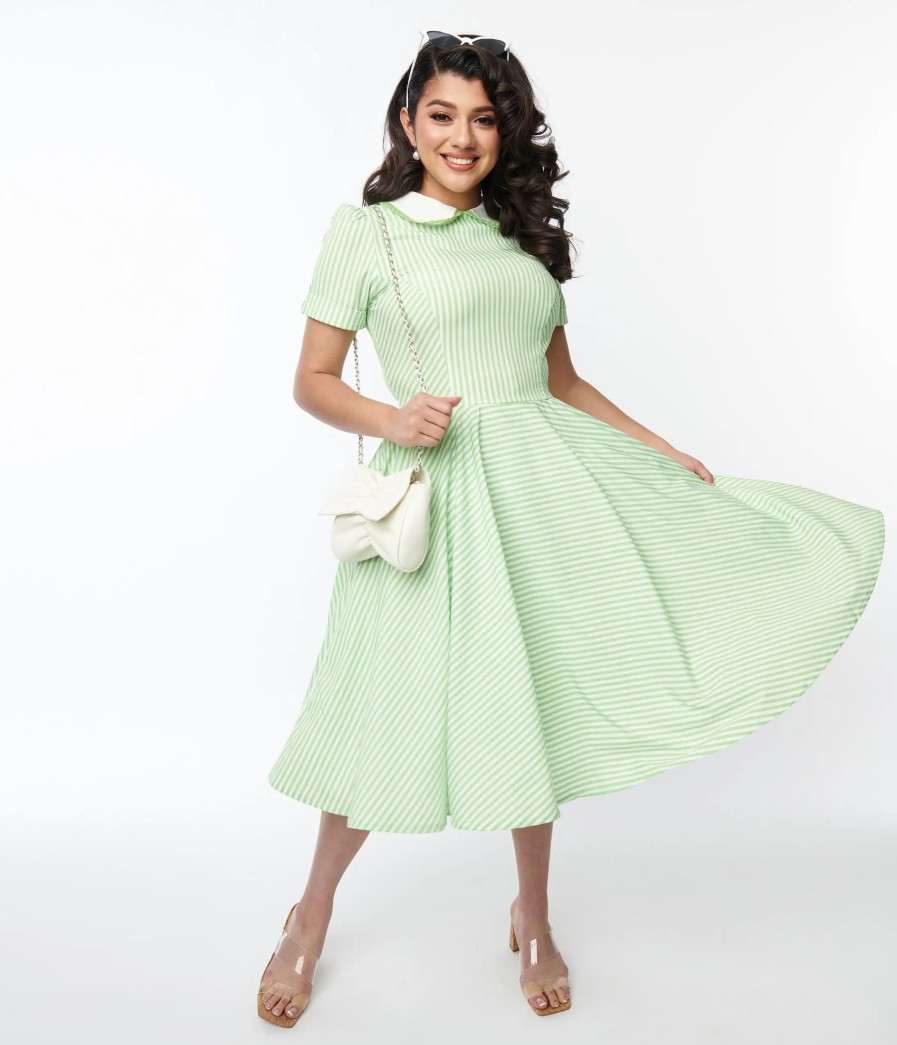 * Sheen Clothing Ltd Lime Green & White Striped Swing Dress Swing