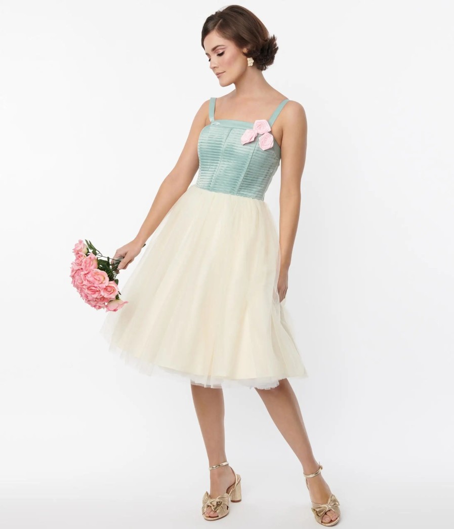 * Unique Vintage Sage & Ivory Tulle Swing Dress Fit & Flare