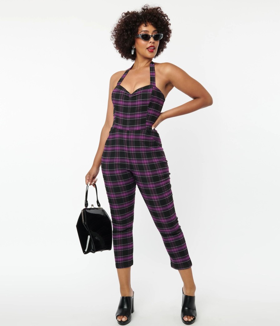 * Unique Vintage Purple & Black Plaid Marcel Jumpsuit Everyday