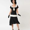 * Unique Vintage 1920S Black & Cream Wilshire Flapper Day Dress Everyday