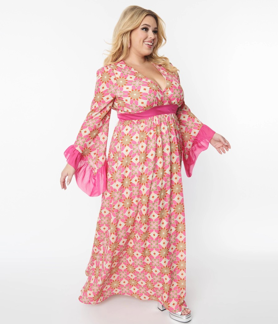 * Unique Vintage Plus Size Pink Stained Glass Floral Maxi Dress Midi & Maxi